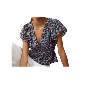 Trovata Paloma Smocked Floral Cotton Silk Blouse Navy Medium NWT